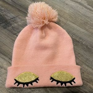 Pink eyelash beanie  with puff ball